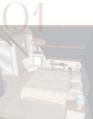 1 - Chambre parentale sous combles douce et apaisante à Chalo-Saint-Mars Dans une maison familiale en campagne essonnienne à Chalo-Saint-Mars, une chambre parentale sous combles douce et apaisante. Murs aux teintes douces rosées et bleu nuit. Soubassement avec moulures, poutres apparentes et textiles confortables