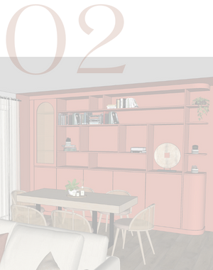 2 - Agencement sur mesure pour le séjour d’une maison à Angerville Agencement sur mesure pour le séjour d’une maison à Angerville, avec un meuble vaisselier bibliothèque sur mesure en MDF peint couleur marron, une porte avec un cadre arqué et un habillage en cannage