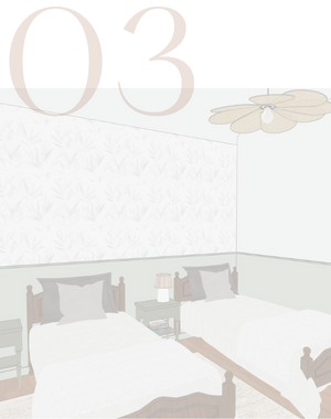 3 - Aménagement et décoration d’une chambre pour enfant dans une maison de vacances à Messanges Aménagement et décoration d’une chambre pour enfant dans une maison de vacances avec un soubassement vert clair, un papier peint feuillage vert épuré, du mobilier de maison ancienne conservé et repeint en vert foncé, une suspension en rotin tressé, à Messanges dans les Landes