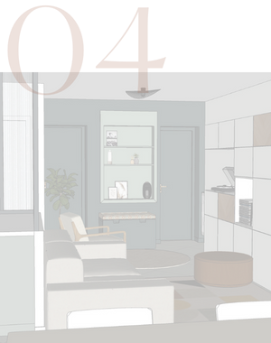 4 - Rénovation d’un séjour avec création d’une séparation verrière pour la cuisine à Orly Rénovation d’un séjour avec création d’une séparation verrière pour la cuisine semi ouverte, coin lecture avec les murs vert foncé et une niche verte plus clair, coin salon avec un grand meuble TV et rangements, à Orly dans le Val de Marne