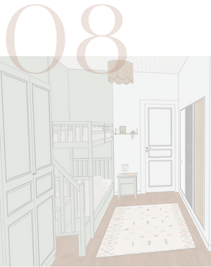 8 - Aménagement et décoration d’une chambre en dortoir pour enfant à Messanges Aménagement et décoration d’une chambre en dortoir pour enfant avec un lit superposé sur mesure vert clair, une table de chevet assortie, un tapis coloré et un mur de grands tableaux créatifs, à Messanges dans les Landes