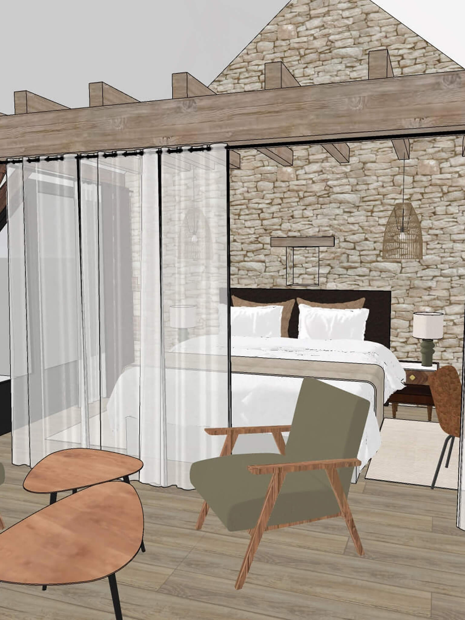 Domaine de Prestal rénovation ancien four à pain visuel 3D Visuel 3D Réhabilitation d'un ancien four à pain en chambre d'hôtes chaleureuse avec poutres apparentes, lumière naturelle, mobilier en bois massif, marbre blanc et laiton, suspension en fibres naturelles, fauteuil en bois massif avec tissu vert nature, au Merlerault dans le perche normand