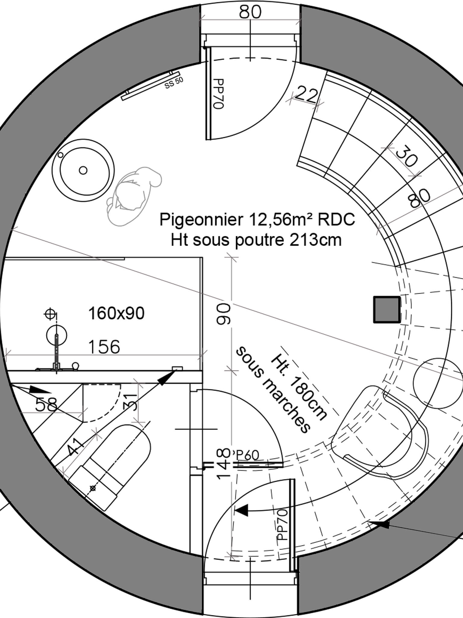 Domaine de Prestal rénovation ancien pigeonnier plan 2D Réhabilitation d'un ancien pigeonnier en chambre d'hôtes, plan 2D de la salle de douche ouverte, au Merlerault dans le perche normand