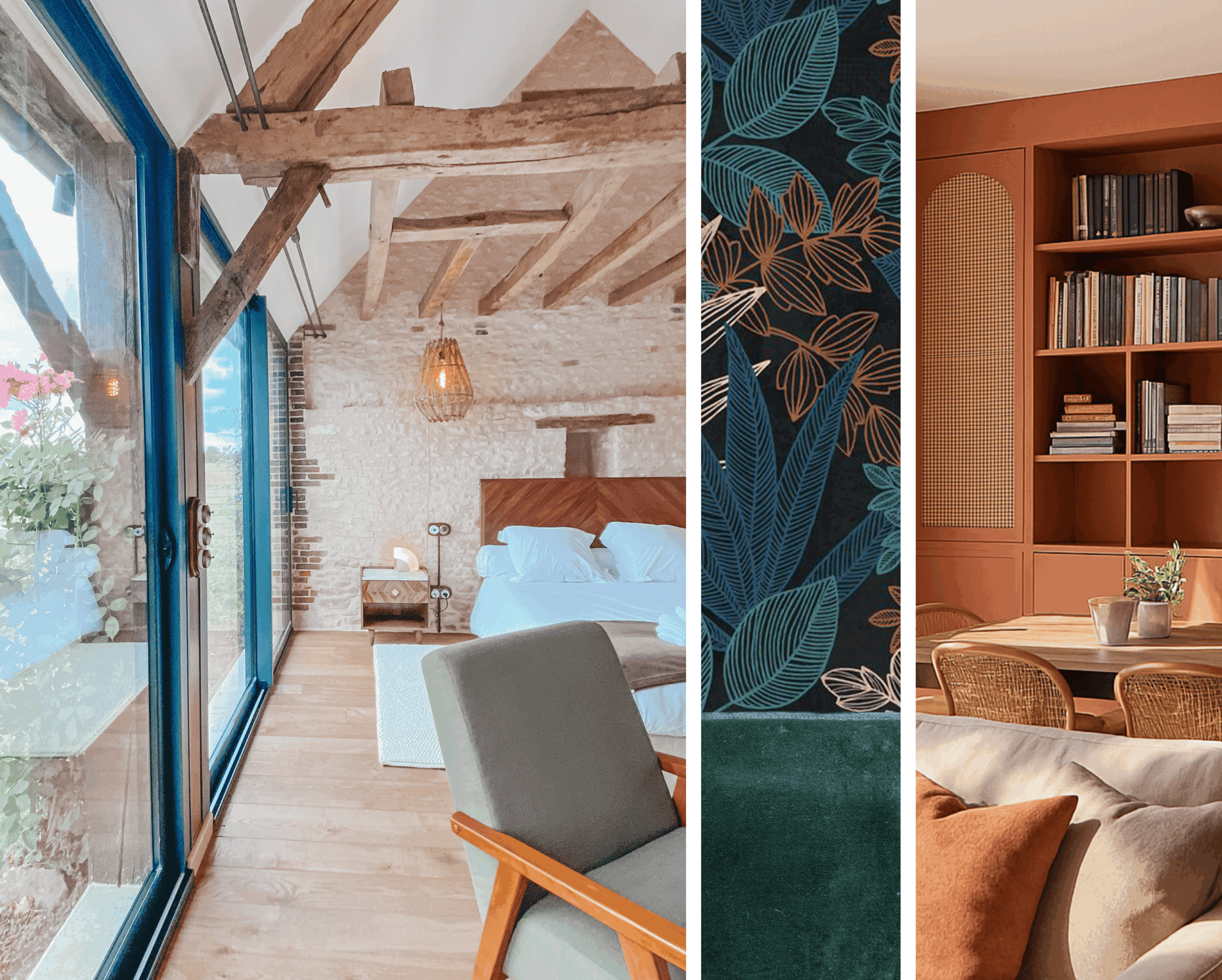 Domaine de Prestal rénovation, planche materiaux et 3D d'un salon terracotta Réhabilitation d'un ancien four à pain en chambre d'hôtes chaleureuse avec poutres apparentes, mur en pierre et lumière naturelle, extrait d'une planche matériaux, rendu 3D d'un salon agencé avec un meuble vaisselier bibliothèque sur mesure de couleur terracotta