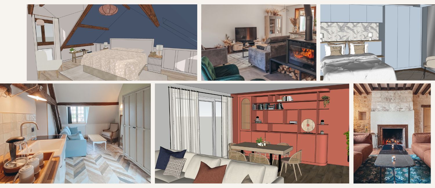 Montage photos avec mix de visuels 3D et réalisations Montage photos avec mix de visuels 3D et réalisations, une chambre parentale sous combles douce et apaisante, un séjour moderne et chaleureux, une chambre avec lit pont bleu qui invite au rêve, une chambre d'hôte avec petit salon et kitchenette en campagne normande, une salle à manger avec agencement sur mesure terracotta, un salon cheminée plein de charme de l'ancien