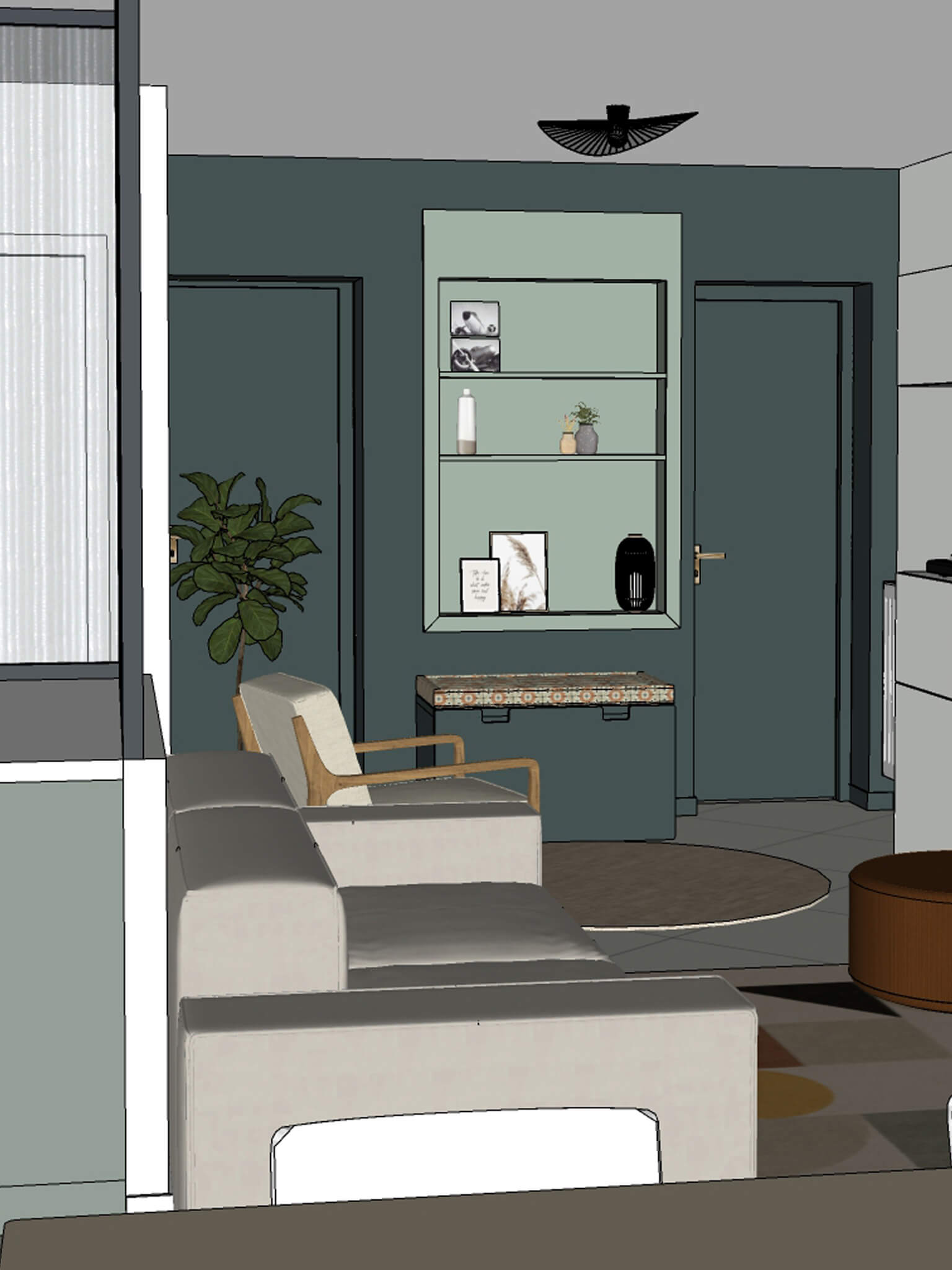 Rénovation d’un séjour avec création d’une séparation verrière pour la cuisine à Orly, visuel 3D Rénovation d’un séjour avec création d’une séparation verrière pour la cuisine semi ouverte, coin lecture avec les murs vert foncé et une niche verte plus clair, coin salon avec un grand meuble TV et rangements, à Orly dans le Val de Marne