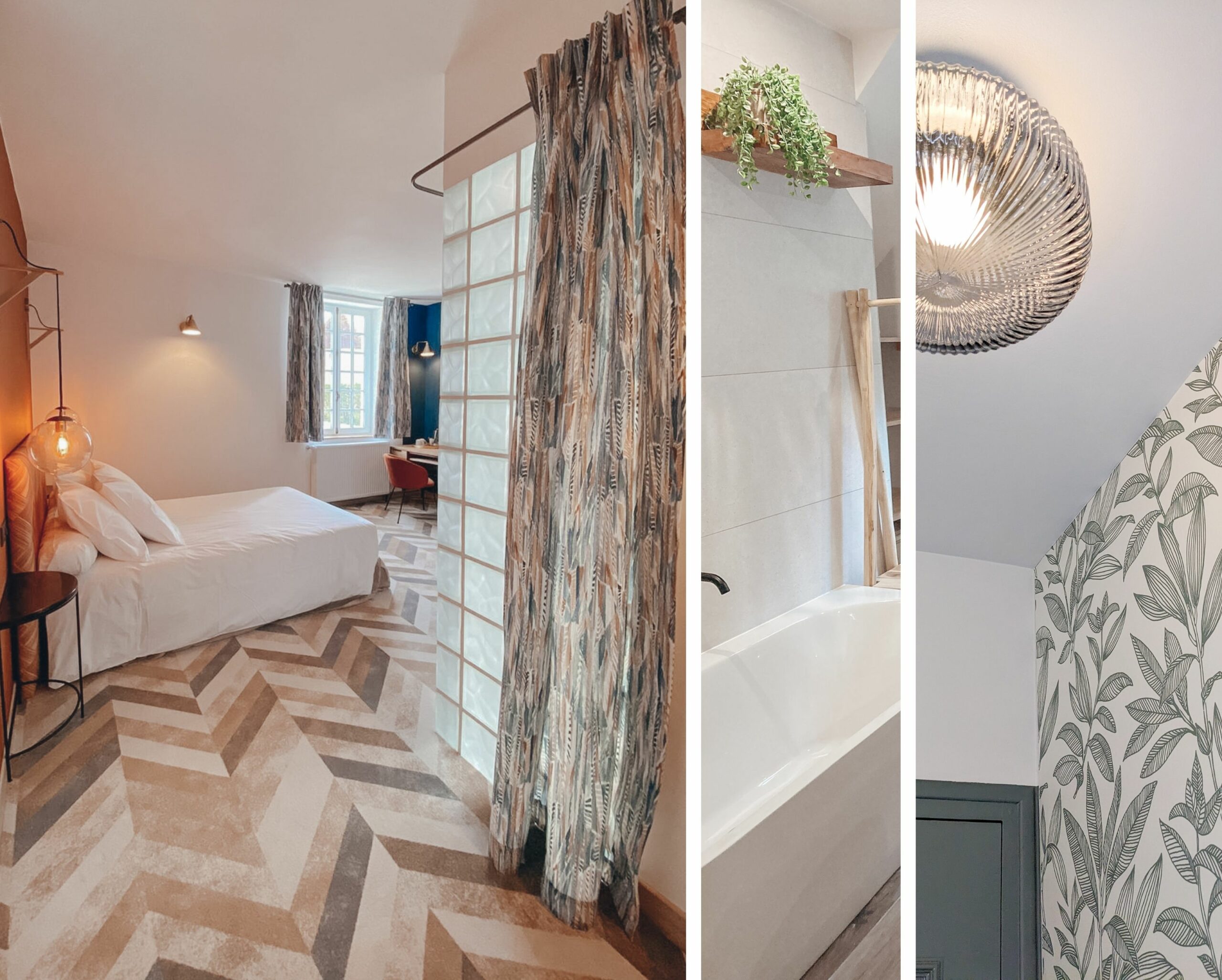 projet sur mesure d'architecture d'intérieur avec renovation de chambres d'hotes et maison familiale Rénovation d’une maison ancienne en chambre d’hôtes au Merlerault dans le perche normand, esprit voyage, avec des rideaux en tissu ethnique de plumes bleu et marron, un mur bleu foncé, du mobilier en bois massif style colonial, rénovation d'une salle de bain familiale ambiance nature et décoration de toilettes style campagne chic