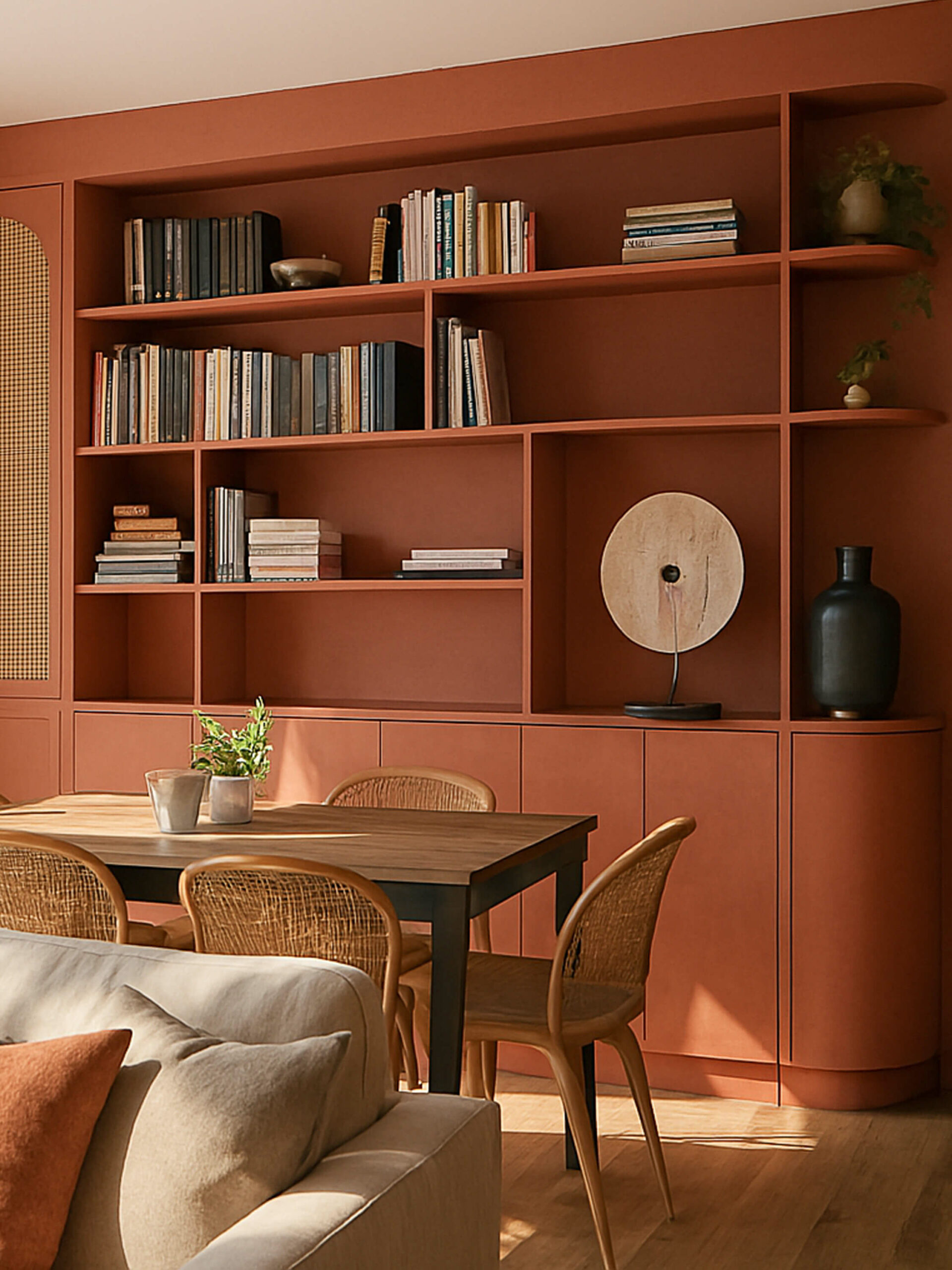 Agencement sur mesure pour le séjour d’une maison à Angerville, avec un meuble vaisselier bibliothèque couleur terracotta Agencement sur mesure pour le séjour d’une maison à Angerville, avec un meuble vaisselier bibliothèque sur mesure en MDF peint couleur terracotta, une porte avec un cadre arqué et un habillage en cannage