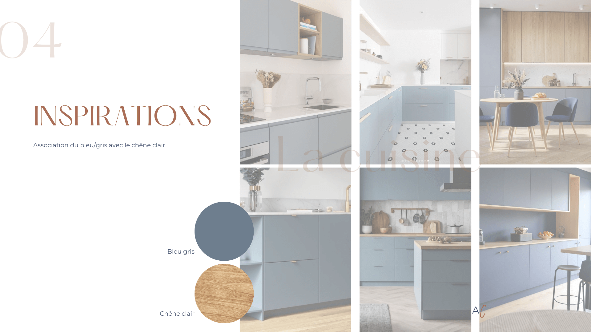 Atelier conseil en décoration d'intérieur avec votre architecte d'intérieur, exemple de compte-rendu, inspirations cuisine bleu gris Atelier conseil en décoration d'intérieur avec votre architecte d'intérieur, exemple de compte-rendu, inspirations pour une cuisine aux tons bleu gris associés au chêne clair