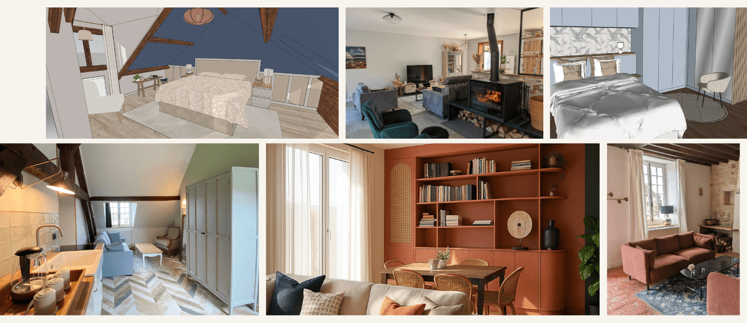 Montage photos avec mix de visuels 3D et réalisations, une chambre parentale sous combles douce et apaisante, un séjour moderne et chaleureux, une chambre avec lit pont bleu qui invite au rêve, une chambre d'hôte avec petit salon et kitchenette en campagne normande, une salle à manger avec agencement sur mesure terracotta, un salon cheminée plein de charme de l'ancien