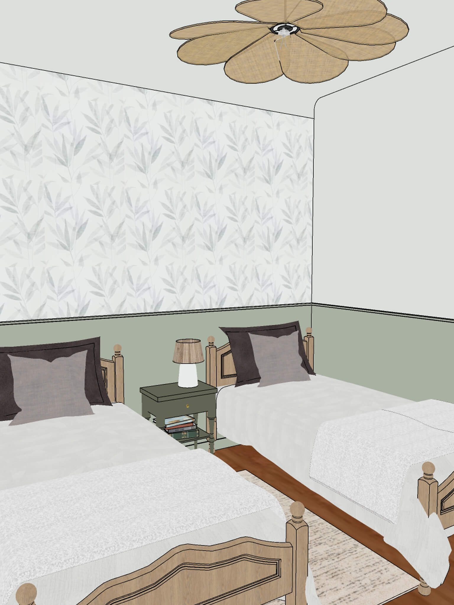 Aménagement et décoration d’une chambre pour enfant dans une maison de vacances avec un soubassement vert clair, un papier peint feuillage vert épuré, du mobilier de maison ancienne conservé et repeint en vert foncé, une suspension en rotin tressé, à Messanges dans les Landes