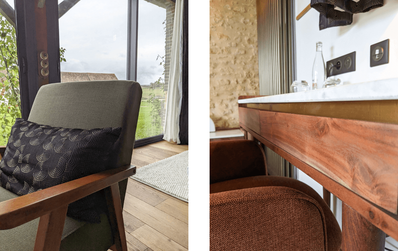 Domaine de Prestal rénovation ancien four à pain avec détails fauteuil vert salon, bureau bois acacia et marbre, détail laiton