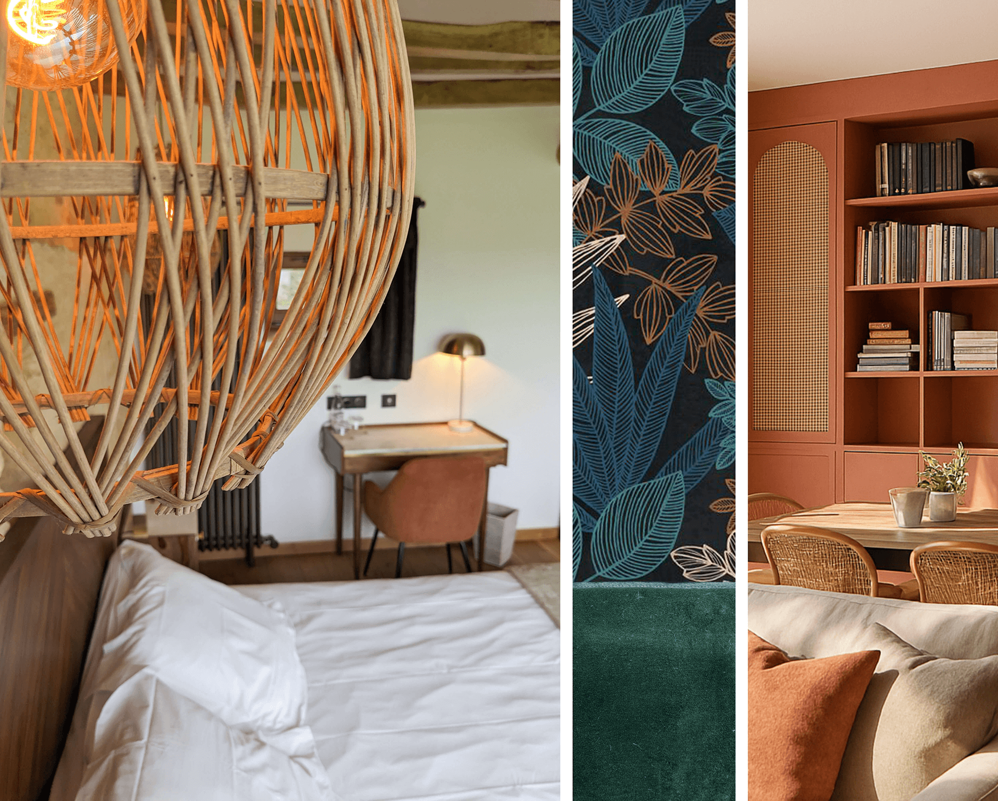 Réhabilitation d'un ancien four à pain en chambre d'hôtes chaleureuse avec poutres apparentes, mur en pierre et lumière naturelle, extrait d'une planche matériaux, rendu 3D d'un salon agencé avec un meuble vaisselier bibliothèque sur mesure de couleur terracotta