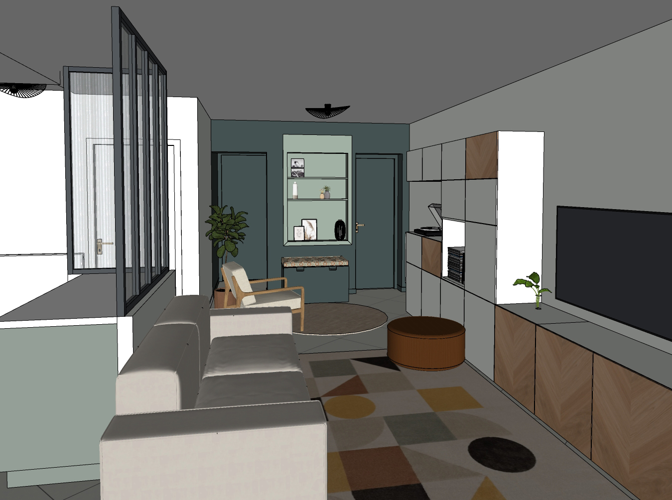 Réhabilitation d'un ancien pigeonnier en chambre d'hôtes, salle de douche ouverte avec vasque sur pied en pierre et marbre, robinetterie et détails cuivrés, au Merlerault dans le perche normand