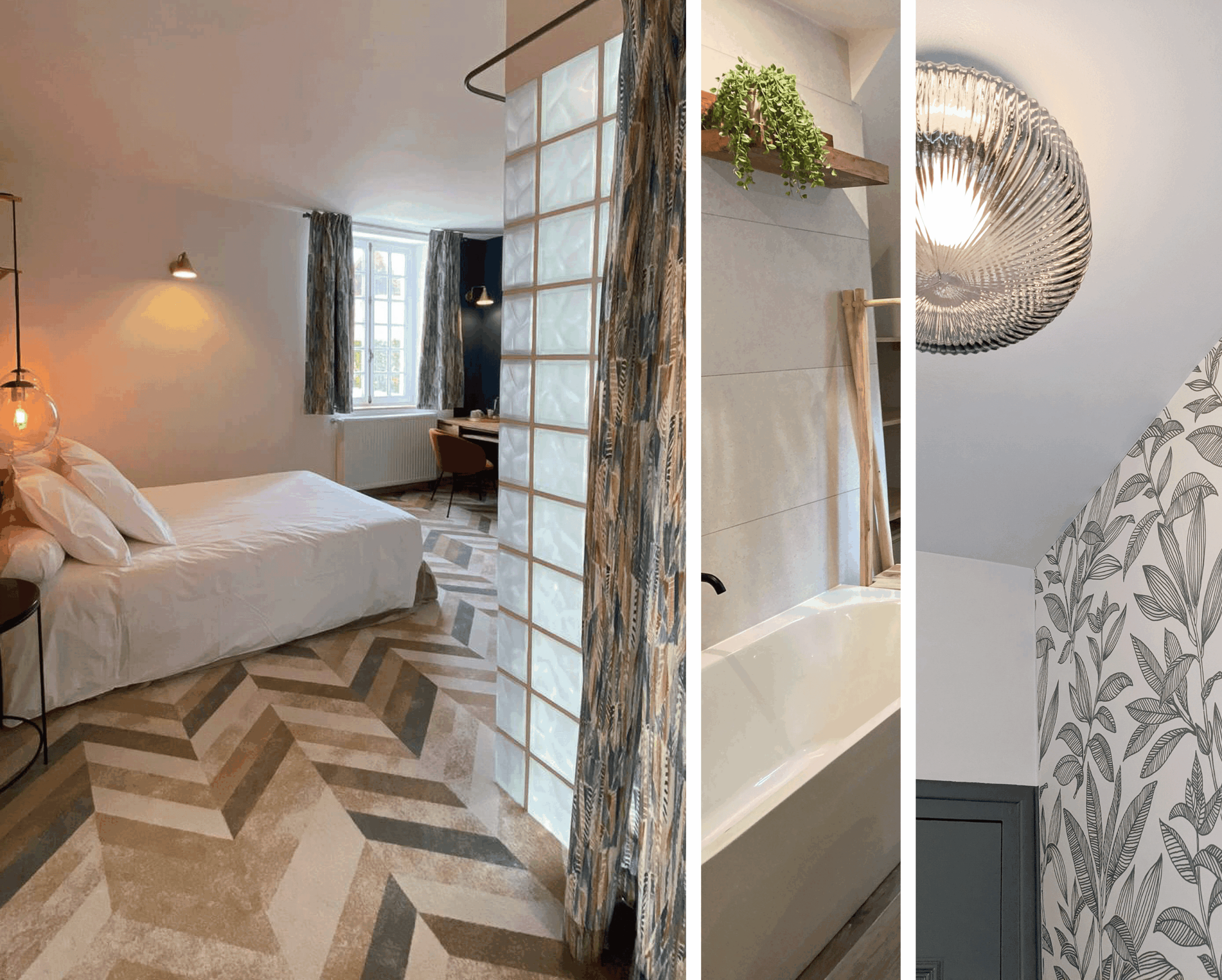 Rénovation d’une maison ancienne en chambre d’hôtes au Merlerault dans le perche normand, esprit voyage, avec des rideaux en tissu ethnique de plumes bleu et marron, un mur bleu foncé, du mobilier en bois massif style colonial, rénovation d'une salle de bain familiale ambiance nature et décoration de toilettes style campagne chic