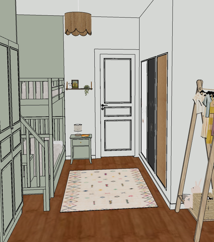 Dans une maison familiale de vacances à Messanges dans les Landes, aménagement et décoration d’une chambre en dortoir pour enfant avec un lit superposé sur mesure vert clair, une table de chevet assortie, un tapis coloré et un mur de grands tableaux créatifs