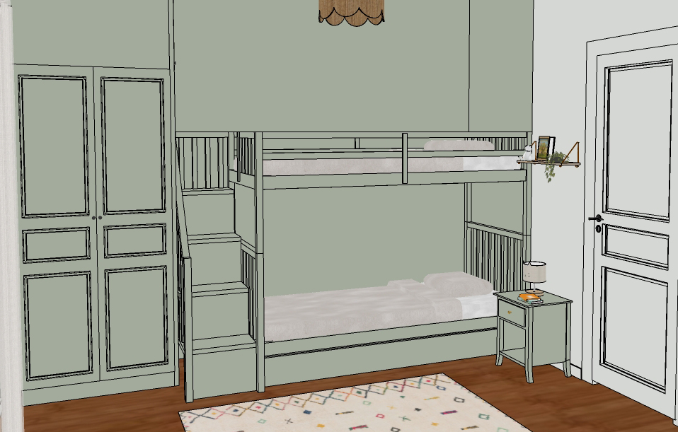 Dans une maison familiale de vacances à Messanges dans les Landes, aménagement et décoration d’une chambre en dortoir pour enfant avec un lit superposé sur mesure vert clair, une table de chevet assortie, un tapis coloré