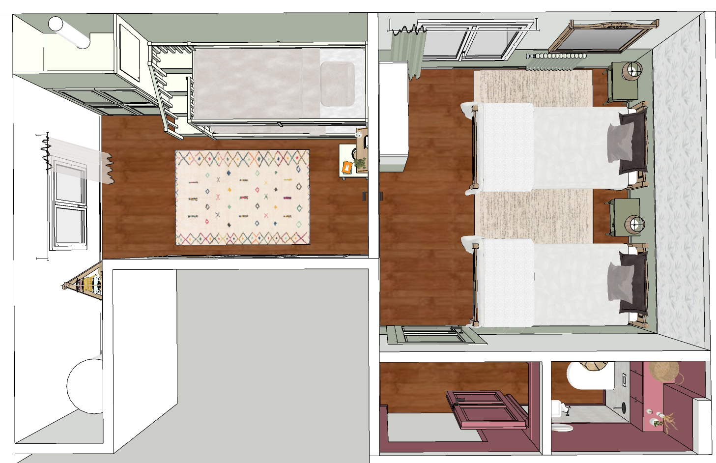 Dans une maison familiale de vacances à Messanges dans les Landes, aménagement et décoration d’une chambre en dortoir pour enfant avec un lit superposé sur mesure vert clair, une table de chevet assortie, un tapis coloré et un mur de grands tableaux créatifs, aménagement et décoration d’une chambre pour enfant avec un soubassement vert clair, un papier peint feuillage vert épuré, du mobilier de maison ancienne conservé et repeint en vert foncé, une suspension en rotin tressé, création d’une toilette séparée sur le palier, soubassement en zellige crème, color drenching rose foncé des murs, plafond et menuiseries