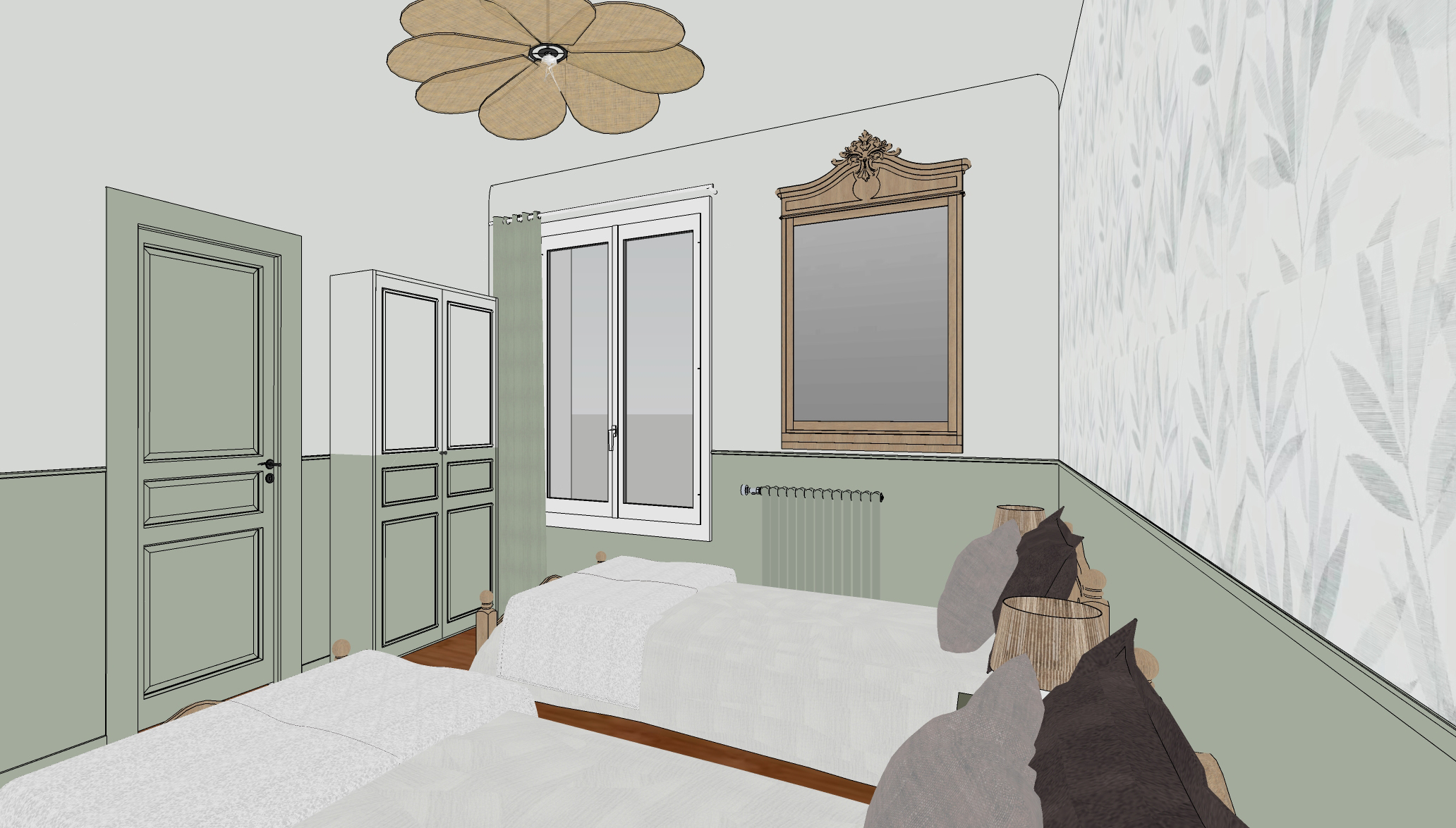 Dans une maison familiale de vacances à Messanges dans les Landes, aménagement et décoration d’une chambre pour enfant avec un soubassement vert clair, un papier peint feuillage vert épuré, du mobilier de maison ancienne conservé et repeint en vert foncé, une suspension en rotin tressé