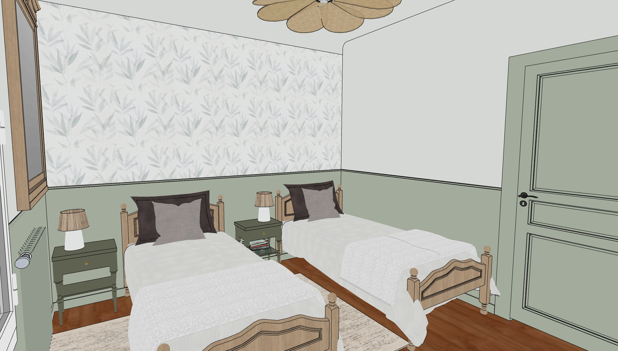 Dans une maison familiale de vacances à Messanges dans les Landes, aménagement et décoration d’une chambre pour enfant avec un soubassement vert clair, un papier peint feuillage vert épuré, du mobilier de maison ancienne conservé et repeint en vert foncé, une suspension en rotin tressé