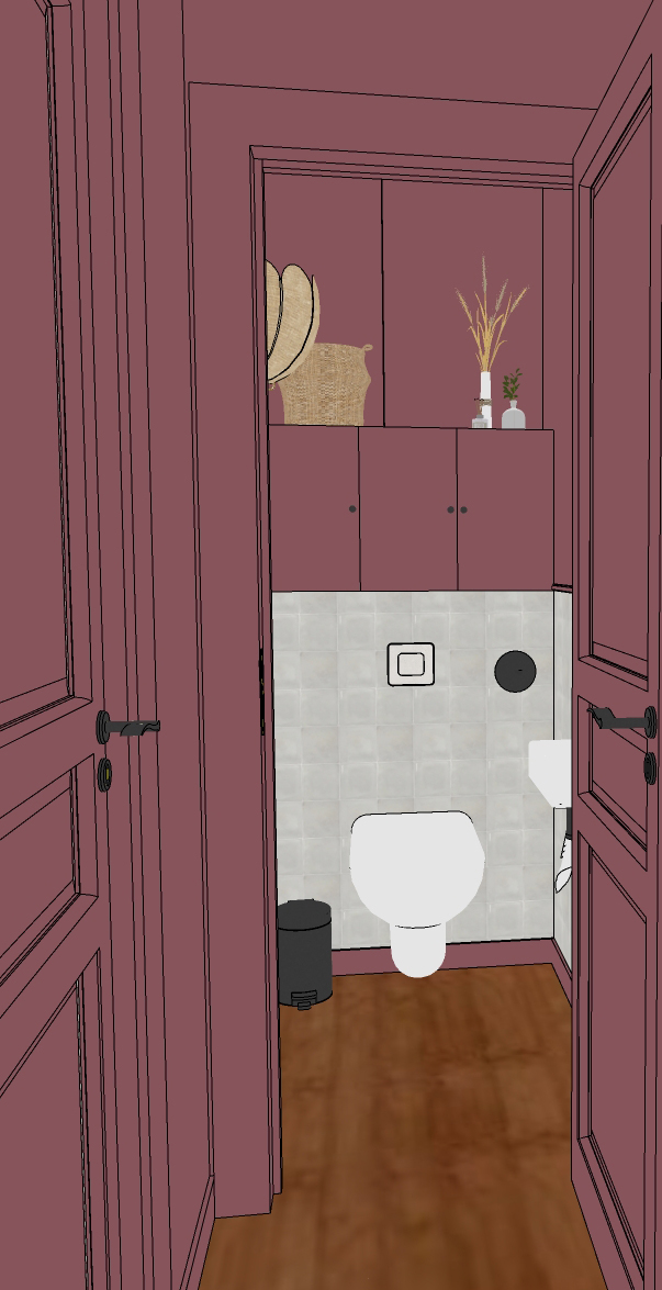 Dans une maison familiale de vacances à Messanges dans les Landes, création d’une toilette séparée sur le palier, soubassement en zellige crème, color drenching rose foncé des murs, plafond et menuiseries