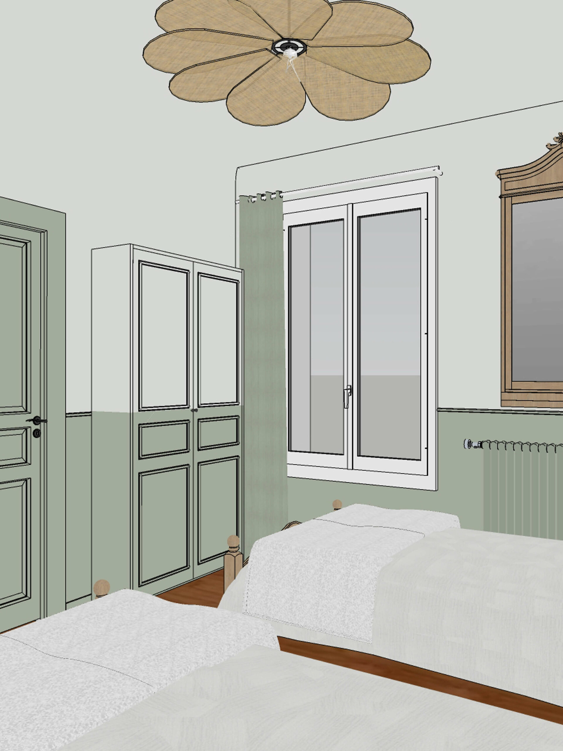 Dans une maison familiale de vacances à Messanges dans les Landes, aménagement et décoration d’une chambre en dortoir pour enfant avec un lit superposé sur mesure vert clair, une table de chevet assortie, un tapis coloré et un mur de grands tableaux créatifs