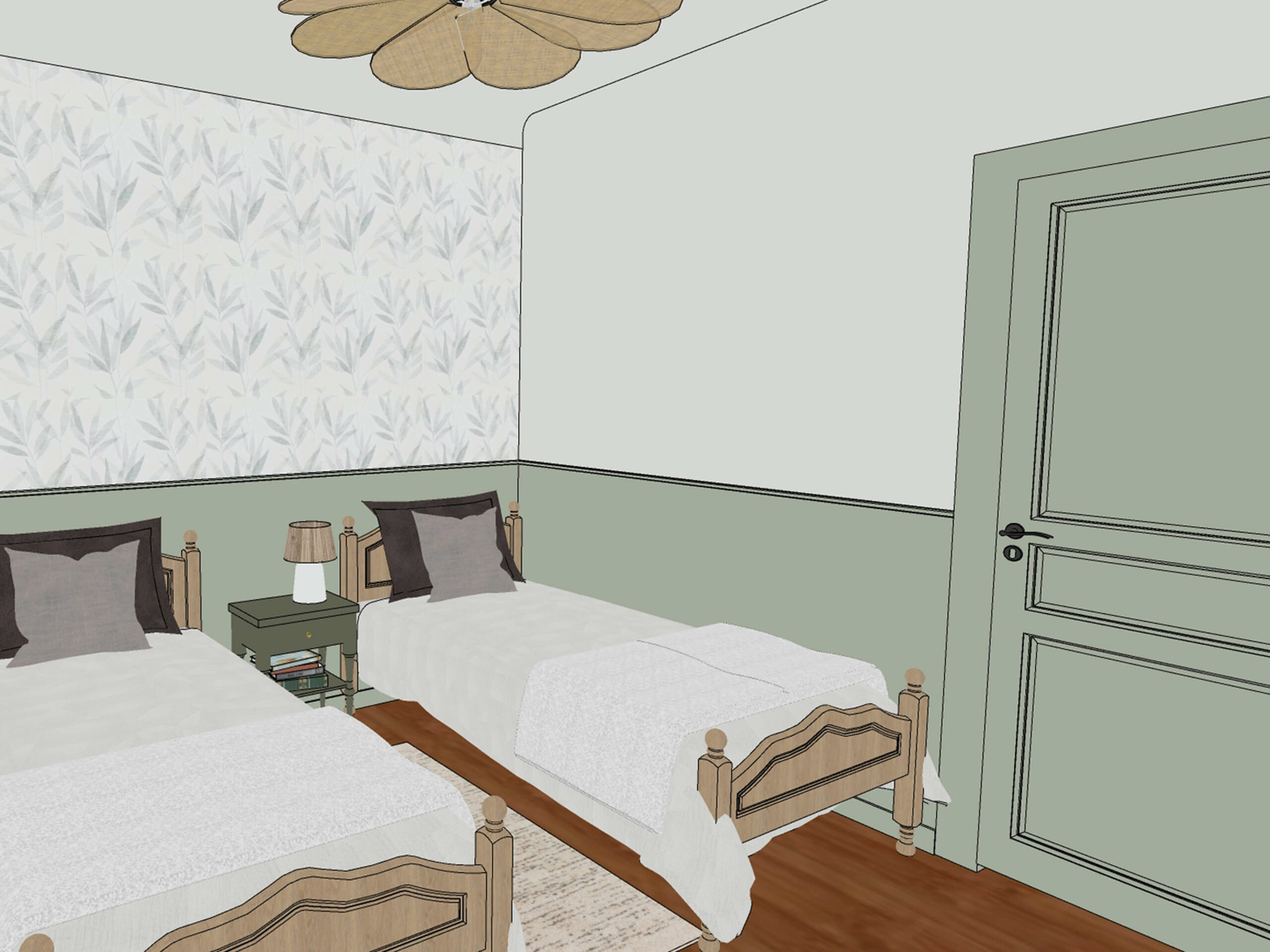 Dans une maison familiale de vacances à Messanges dans les Landes, aménagement et décoration d’une chambre en dortoir pour enfant avec un lit superposé sur mesure vert clair, une table de chevet assortie, un tapis coloré et un mur de grands tableaux créatifs