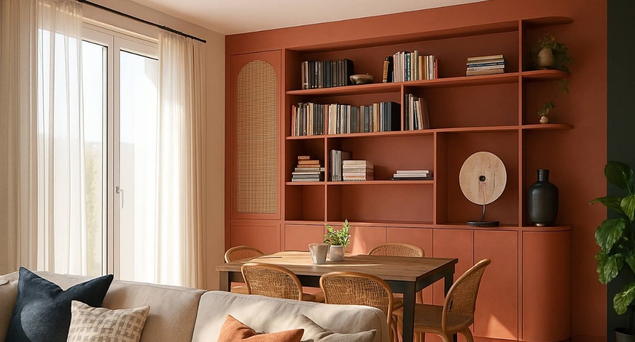 Agencement sur mesure pour le séjour d’une maison à Angerville, meuble vaisselier bibliothèque sur mesure couleur terracotta et cannage