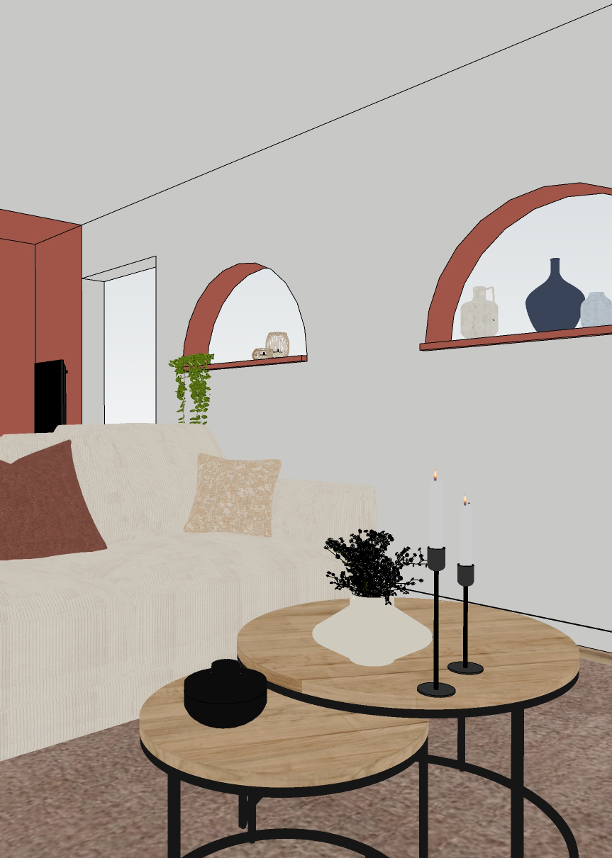 Agencement sur mesure pour le séjour d’une maison à Angerville, vue 3D du salon, canapé velours, table basse gigogne bois, niches terracotta