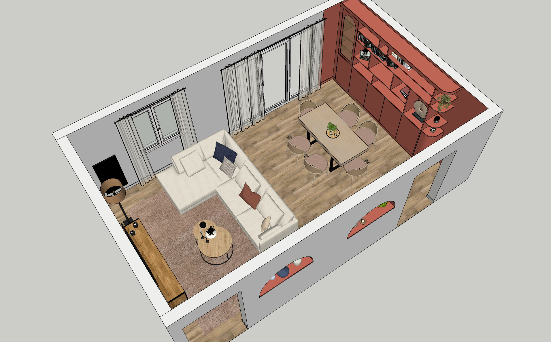 Agencement sur mesure pour le séjour d’une maison à Angerville, vue 3D du séjour avec meuble vaisselier bibliothèque terracotta, canapé velours
