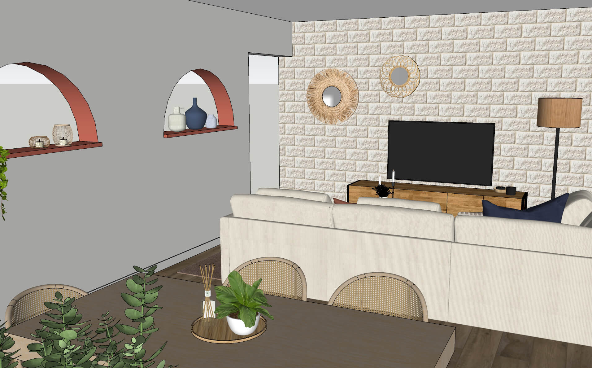 Agencement sur mesure pour le séjour d’une maison à Angerville, vue 3D du séjour avec mur de pierres blanche, canapé velours, niches terracotta