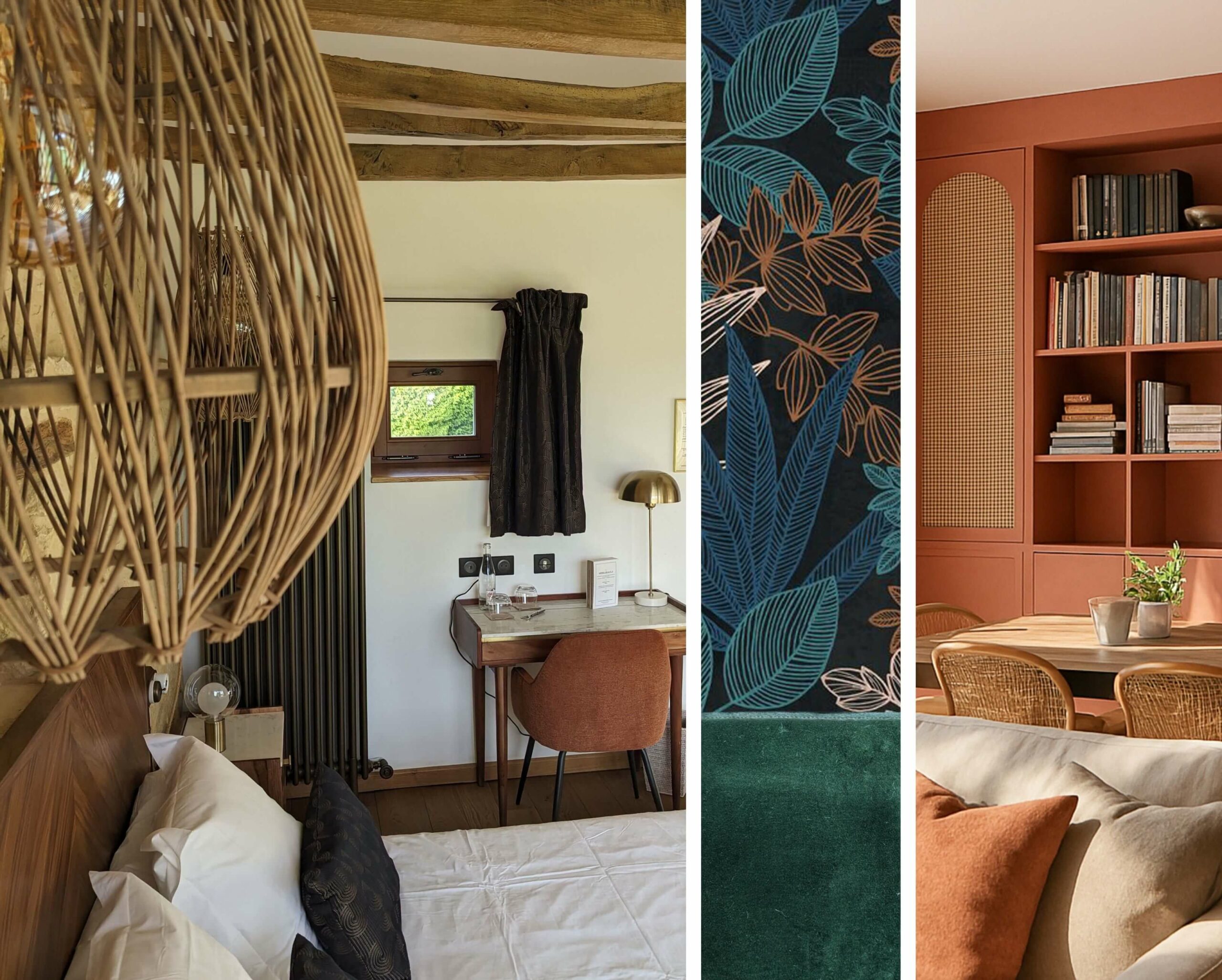 Réhabilitation d'un ancien four à pain en chambre d'hôtes chaleureuse avec poutres apparentes, mur en pierre et lumière naturelle, extrait d'une planche matériaux, rendu 3D d'un salon agencé avec un meuble vaisselier bibliothèque sur mesure de couleur terracotta, au Merlerault dans le perche normand