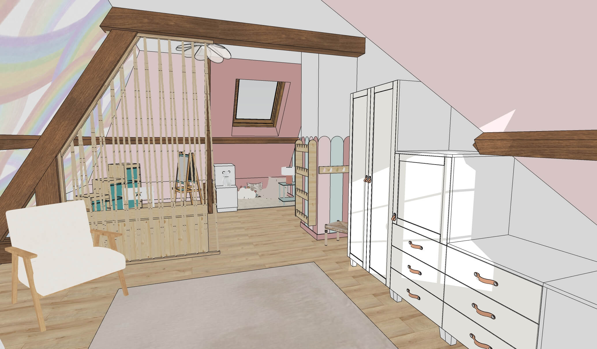 Rénovation d'une maison familiale à Villeconin, en Essonne, chambre enfant sous combles, arches colorés tons roses et bleus, claustra cordage