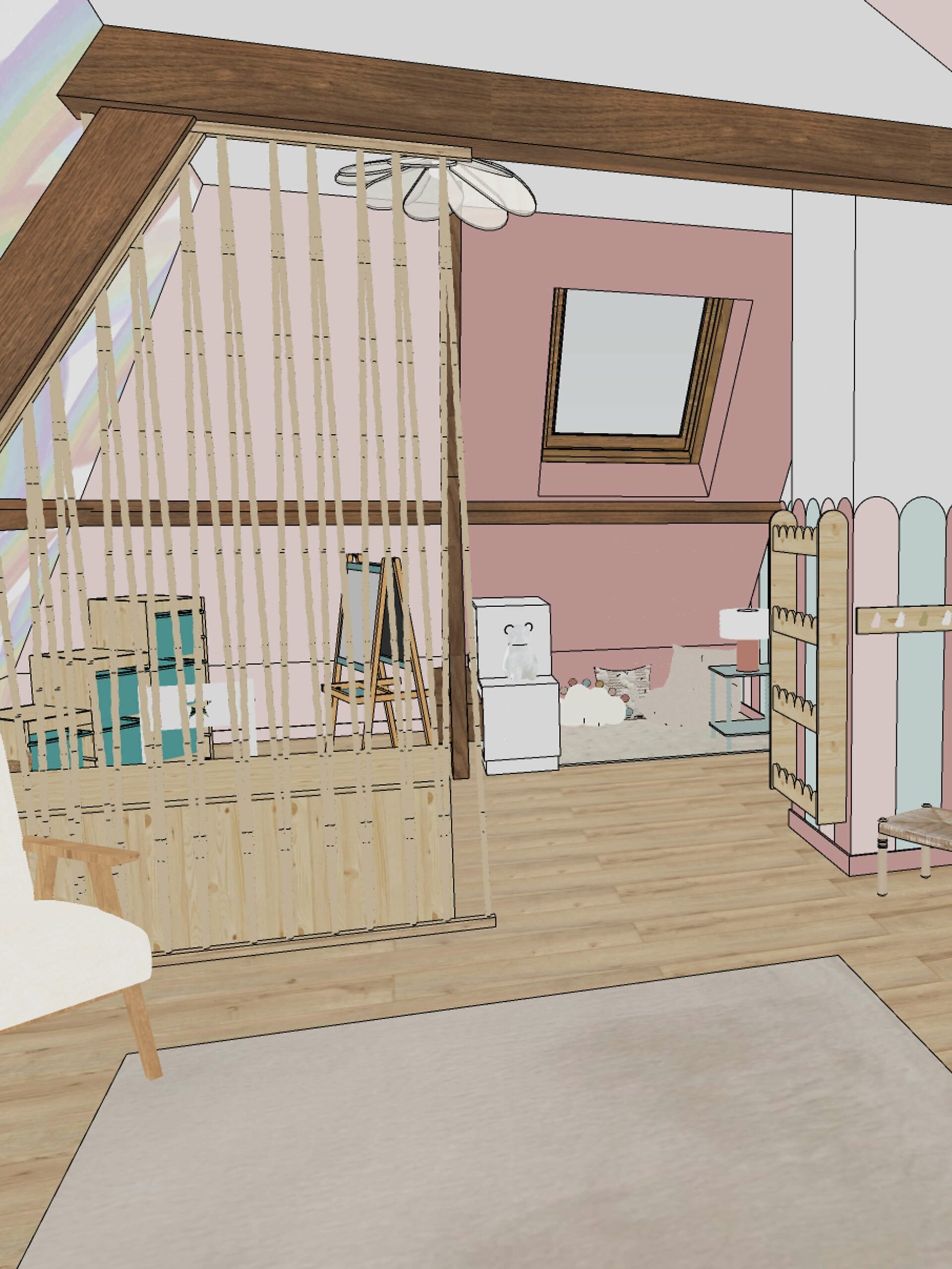 Rénovation d'une maison familiale à Villeconin, en Essonne, chambre enfant sous combles, claustra cordage, coin lecture et bureau