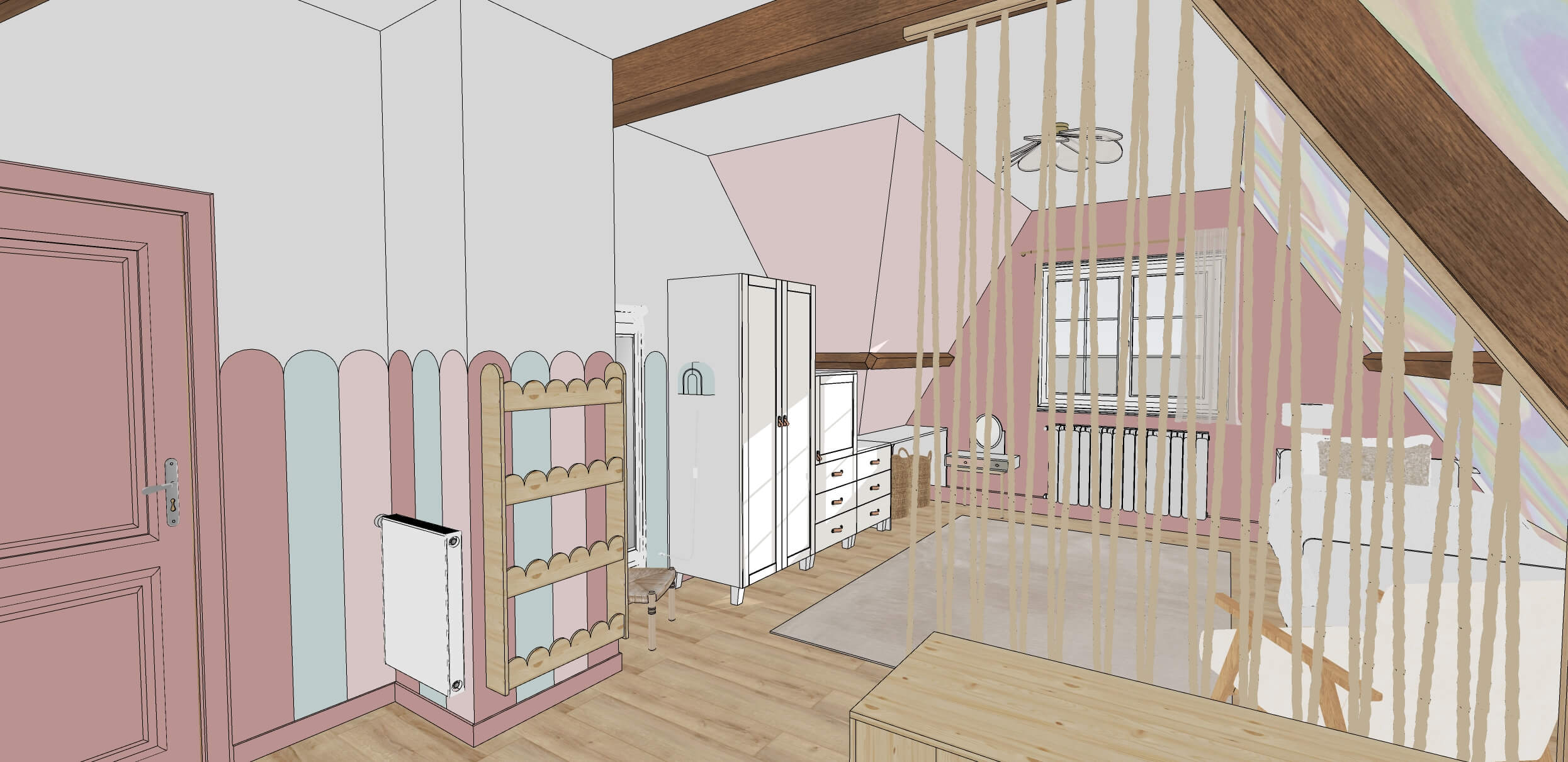 Rénovation d'une maison familiale à Villeconin, en Essonne, chambre enfant sous combles, claustra cordage, coin nuit et dressing