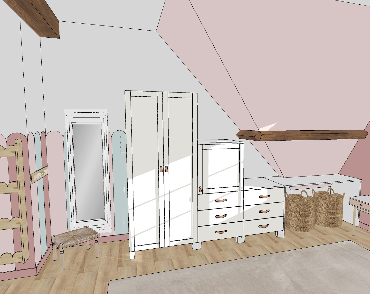Rénovation d'une maison familiale à Villeconin, en Essonne, chambre enfant sous combles, coin dressing, arches colorés, tabouret osier