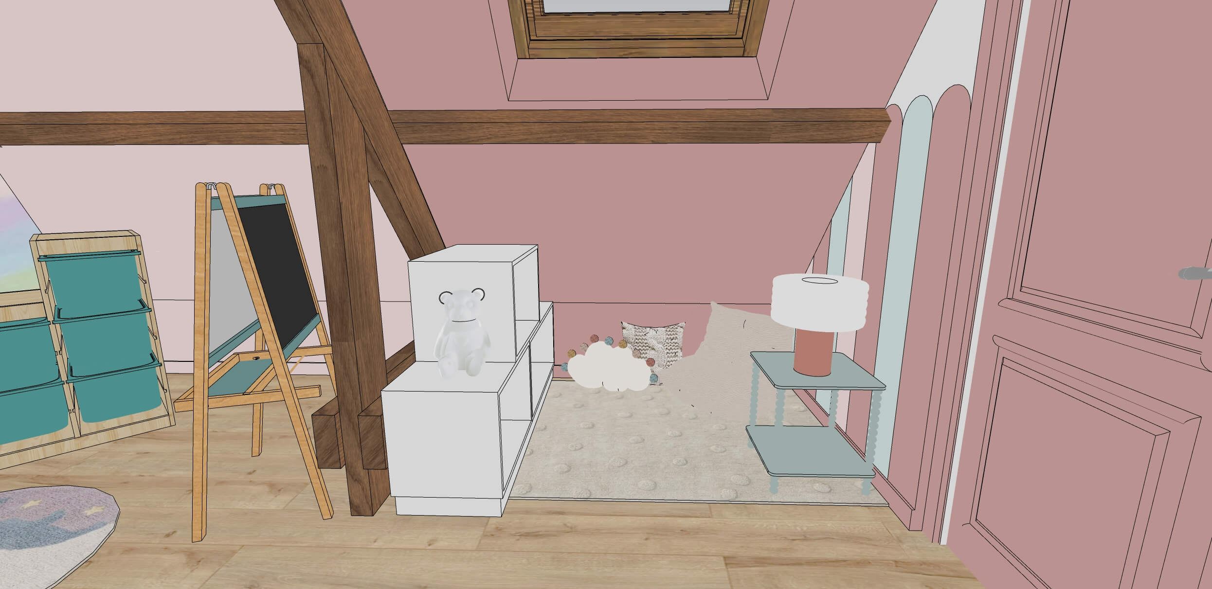 Rénovation d'une maison familiale à Villeconin, en Essonne, chambre enfant sous combles, coin lecture cosy coloré avec arches tons roses et bleus