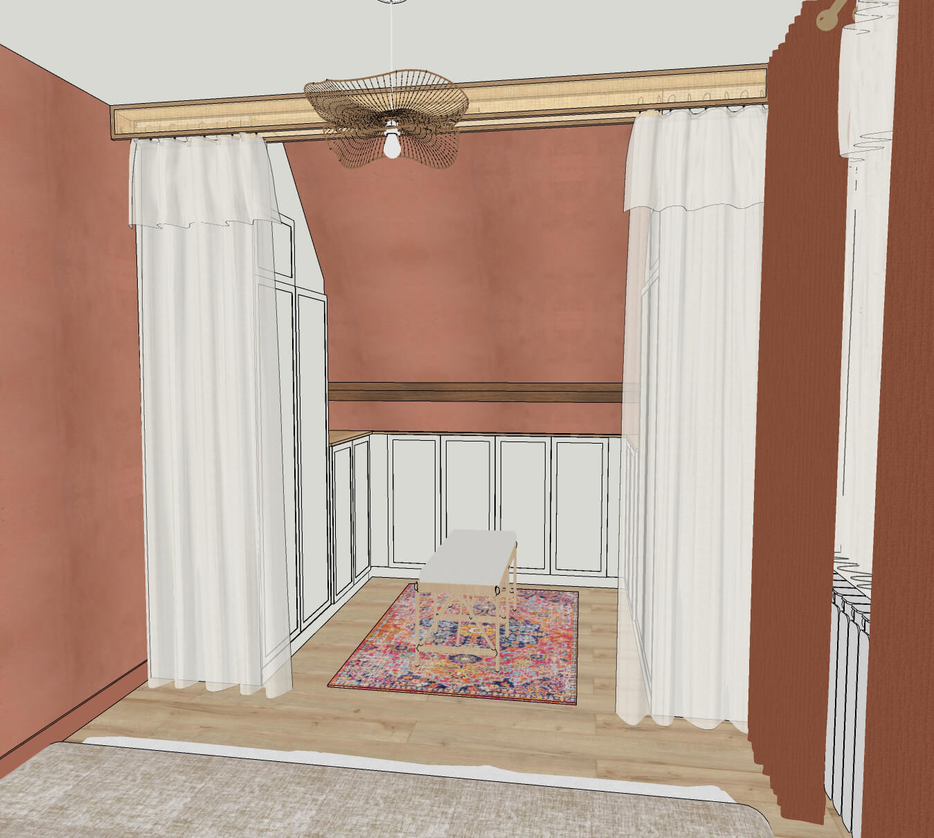 Rénovation d'une maison familiale à Villeconin, en Essonne, chambre parentale, murs à la chaux terracotta, dressing blanc cassé, rideaux lin