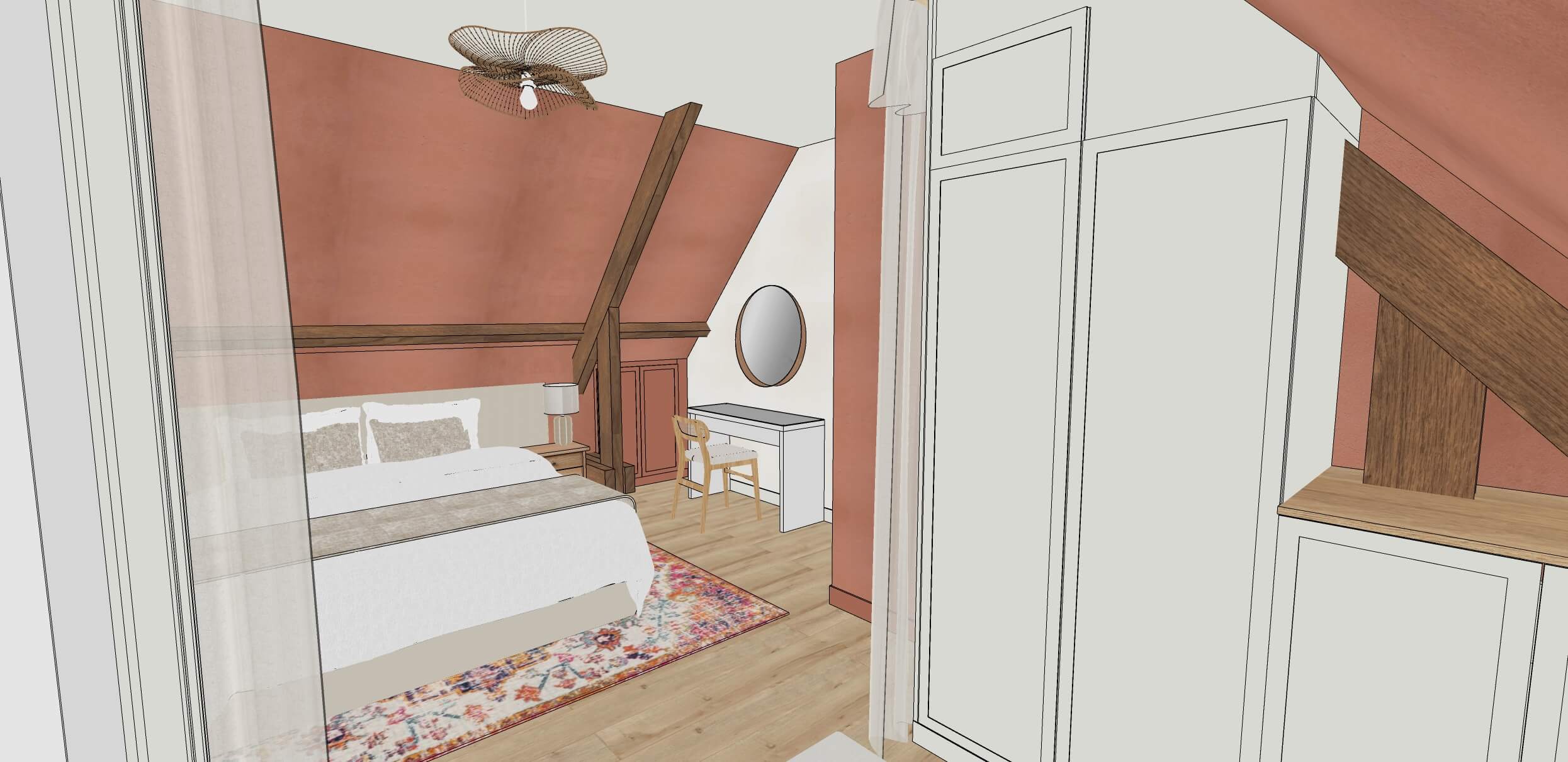 Rénovation d'une maison familiale à Villeconin, en Essonne, chambre parentale, murs à la chaux terracotta et lin, tapis colorés, walk-in dressing