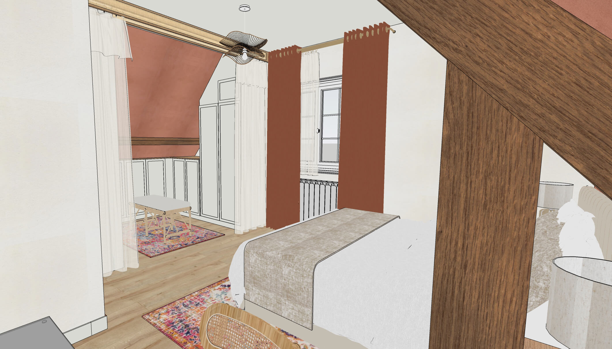 Rénovation d'une maison familiale à Villeconin, en Essonne, chambre parentale, murs à la chaux terracotta et lin, tapis colorés