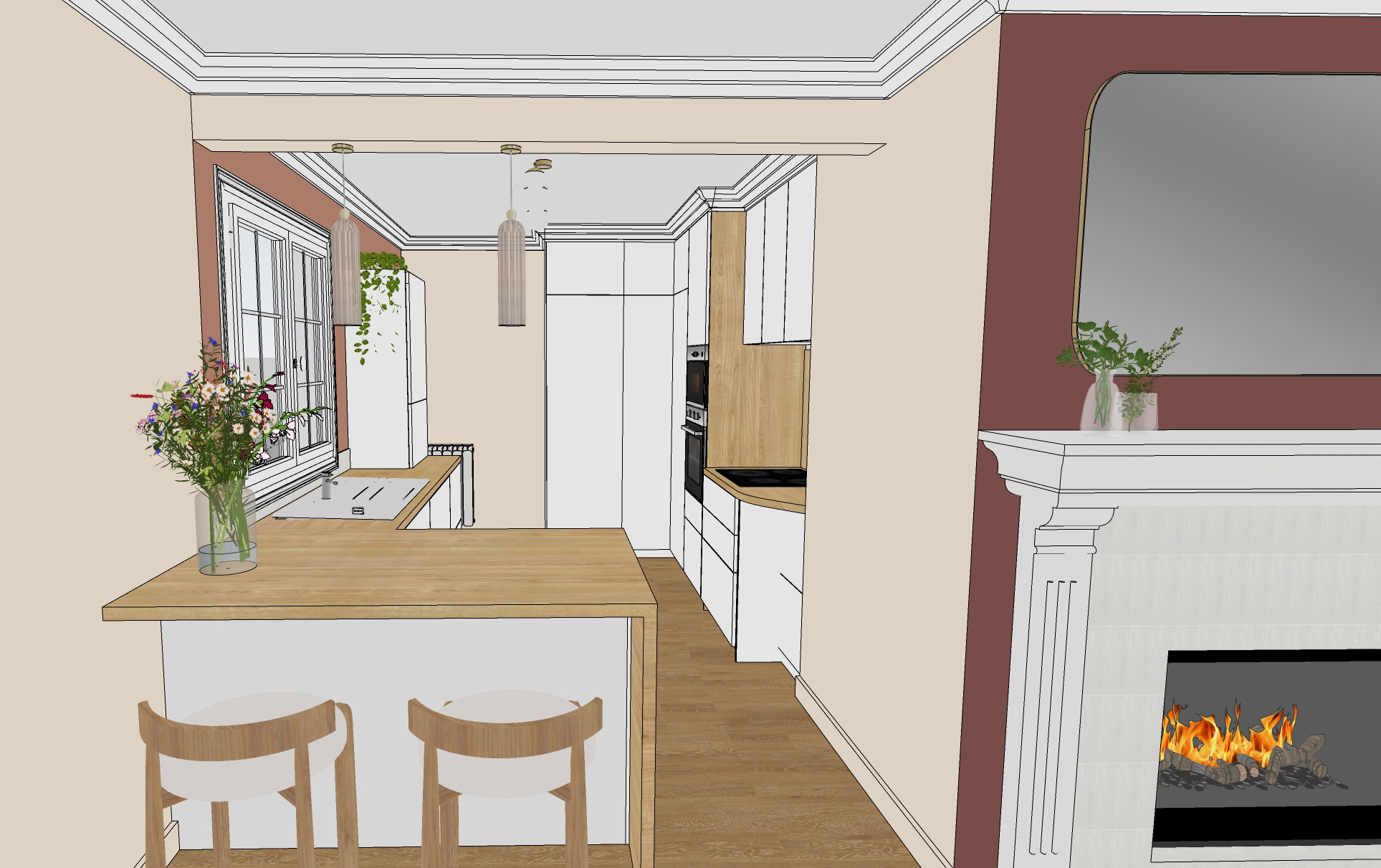Rénovation d'une maison familiale à Villeconin, en Essonne, cuisine lumineuse blanche et bois clair, bar péninsule, mur terracotta