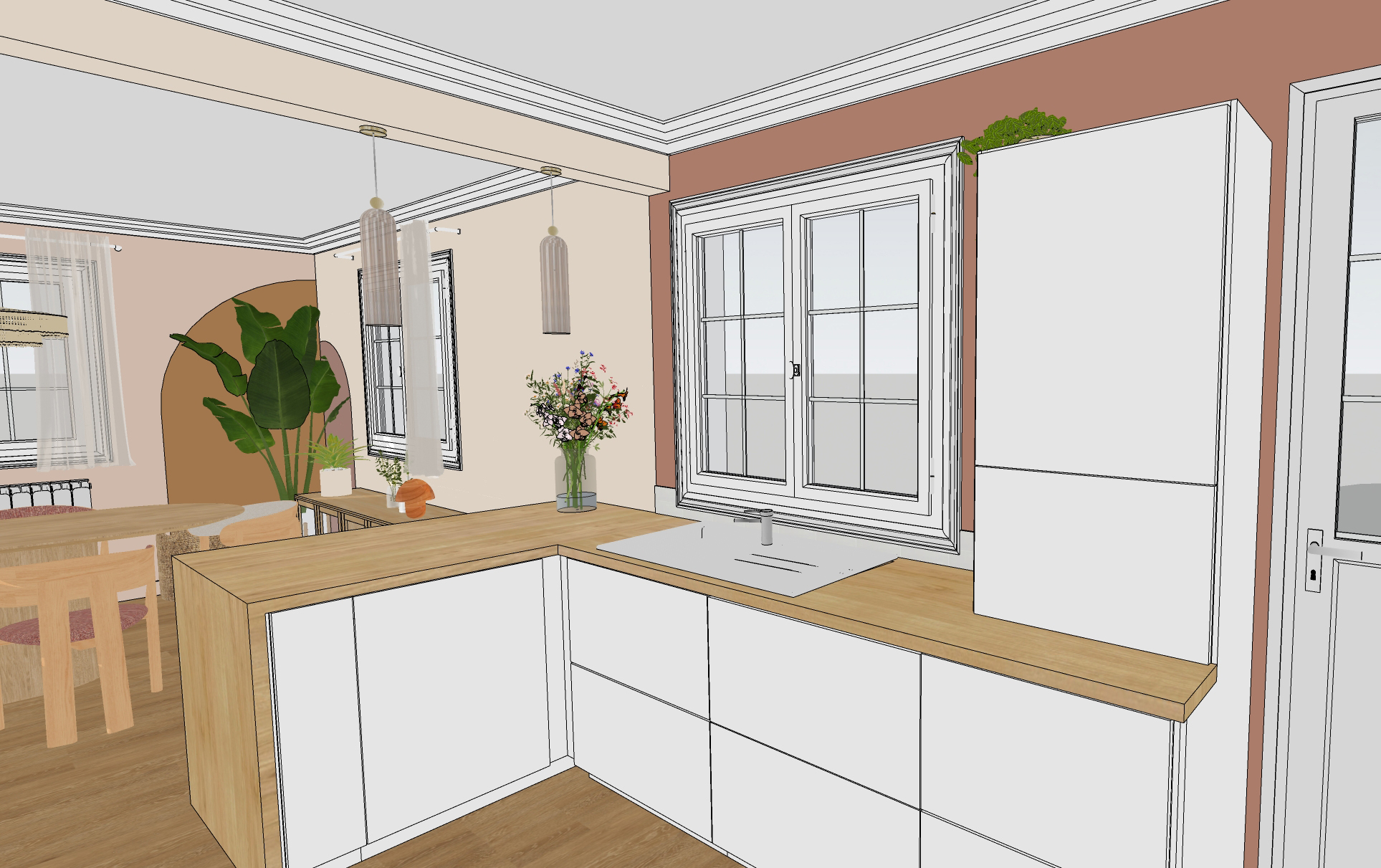 Rénovation d'une maison familiale à Villeconin, en Essonne, cuisine lumineuse blanche et bois clair, bar péninsule, mur terracotta