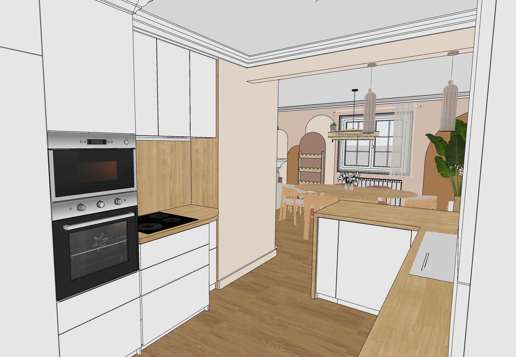 Rénovation d'une maison familiale à Villeconin, en Essonne, cuisine lumineuse blanche et bois clair, bar péninsule, suspensions verre strié