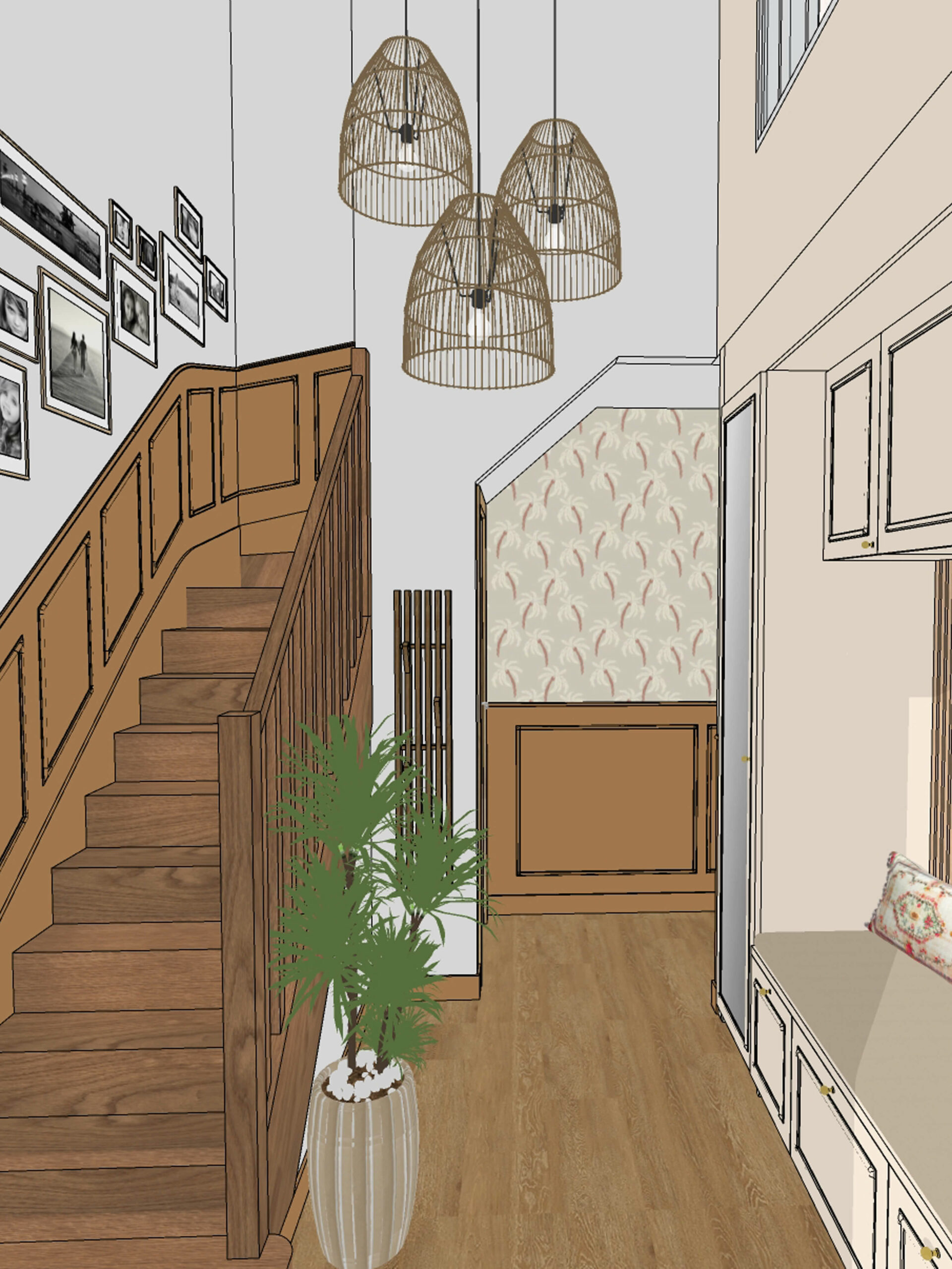 Rénovation d'une maison familiale à Villeconin, en Essonne, entrée cathédrale avec dressing beige, soubassement escalier mouluré couleur moutarde