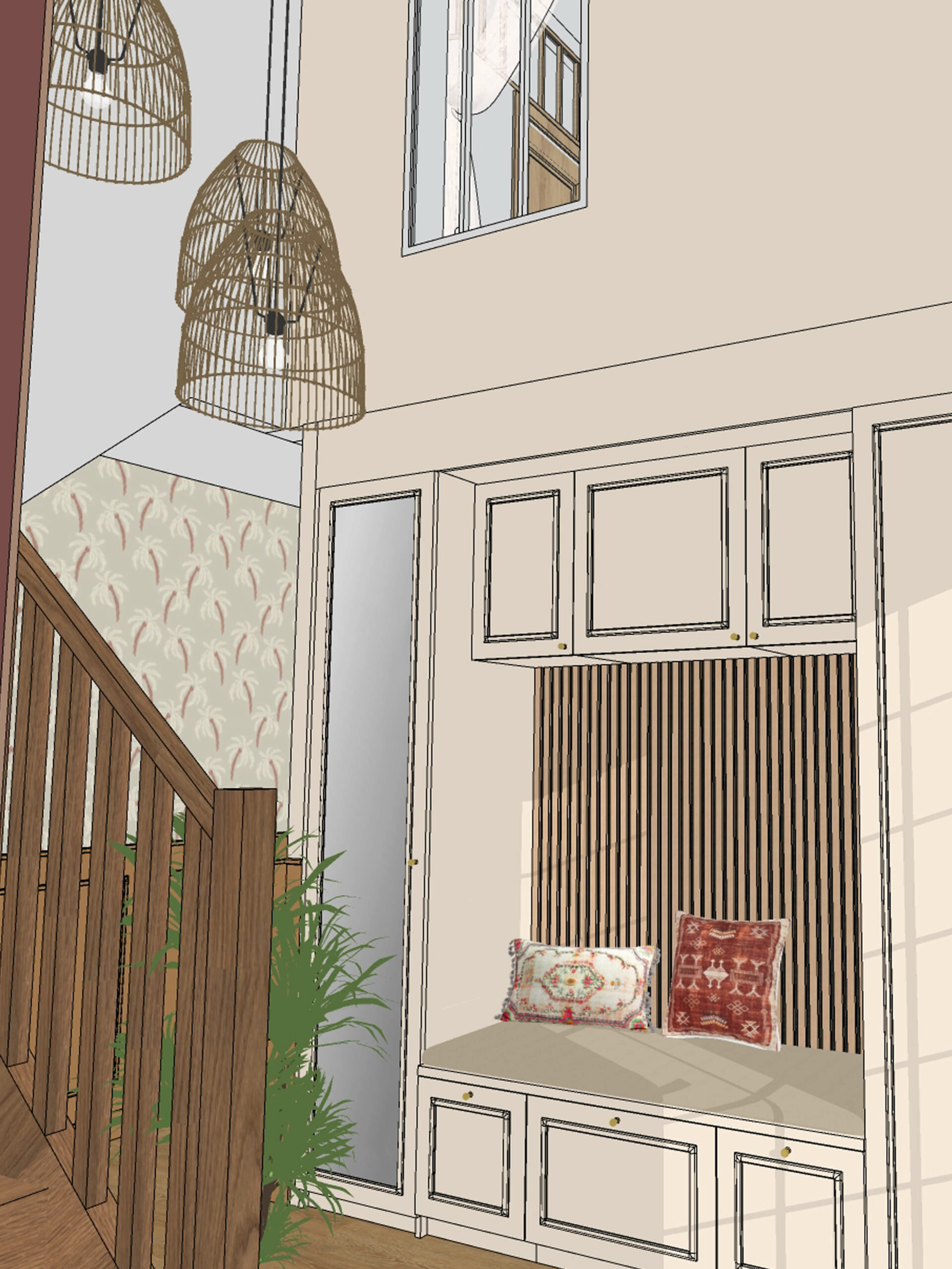Rénovation d'une maison familiale à Villeconin, en Essonne, entrée lumineuse avec dressing beige mouluré, tasseaux bois et suspensions naturelles