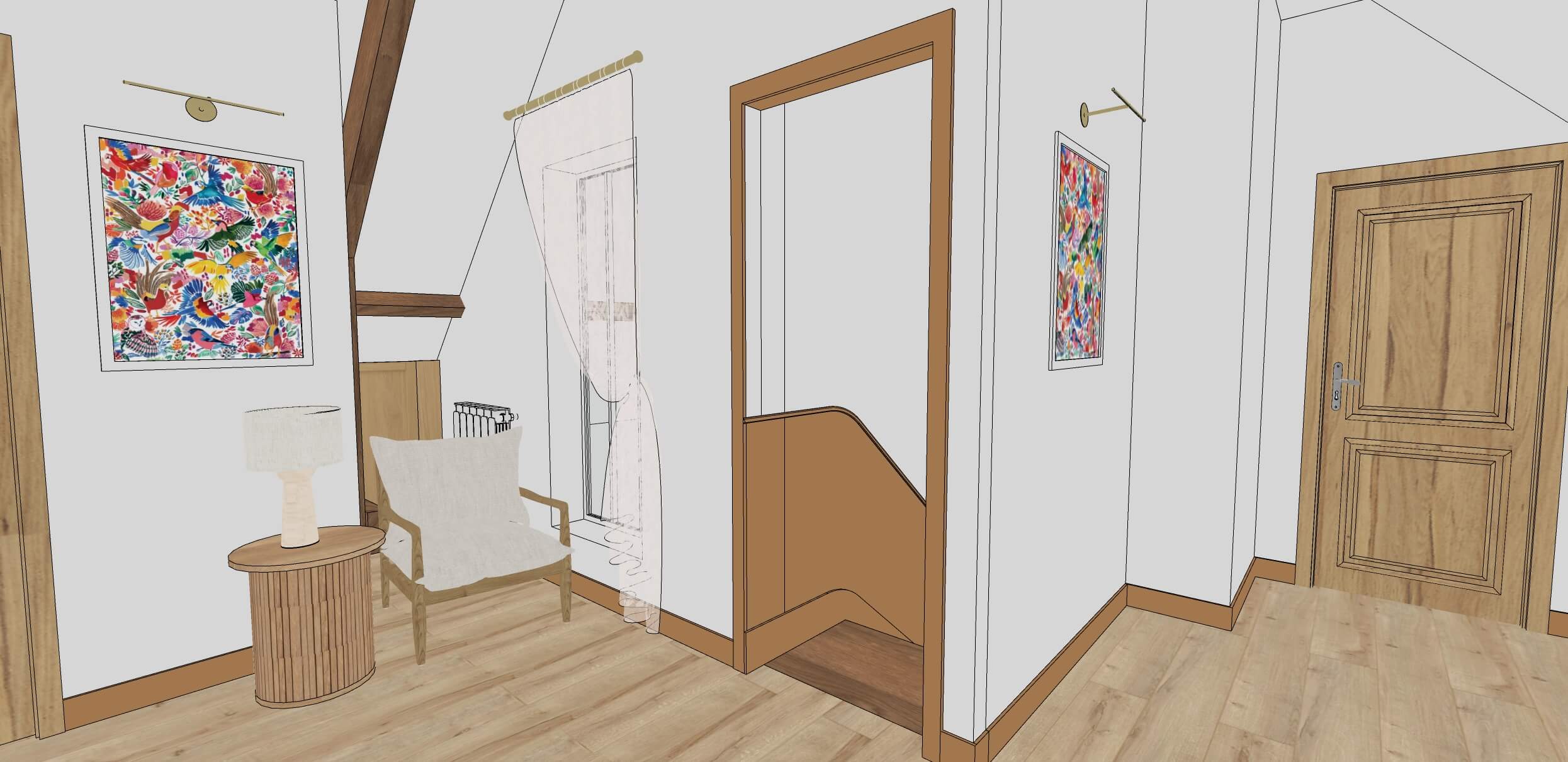 Rénovation d'une maison familiale à Villeconin, en Essonne, palier lumineux, murs blancs, plinthes colorées moutarde, bois et œuvres d'art