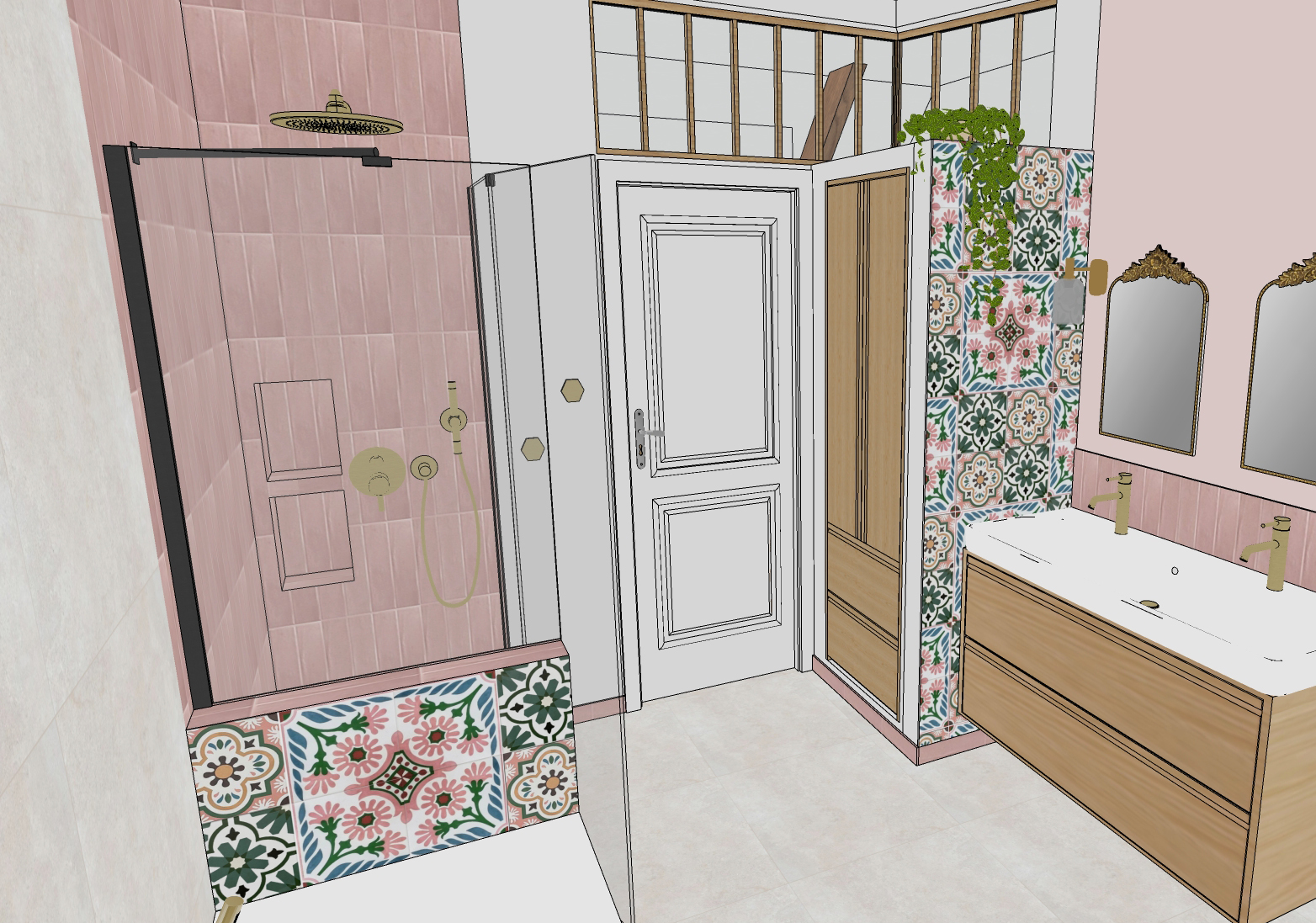 Rénovation d'une maison familiale à Villeconin, en Essonne, salle de bain bohème, zelliges roses et faïence effet carreaux de ciment colorés, bois