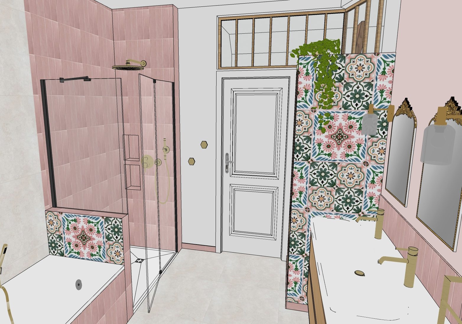 Rénovation d'une maison familiale à Villeconin, en Essonne, salle de bain bohème, zelliges roses et faïence effet carreaux de ciment colorés