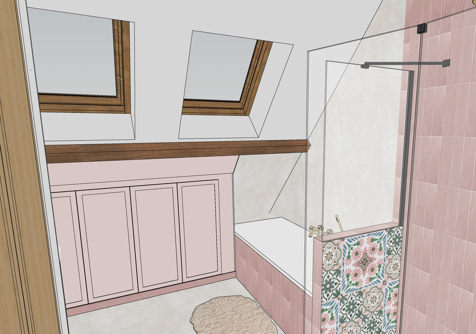 Rénovation d'une maison familiale à Villeconin, en Essonne, salle de bain bohème, zelliges roses, meubles bois, rangements sous pente roses