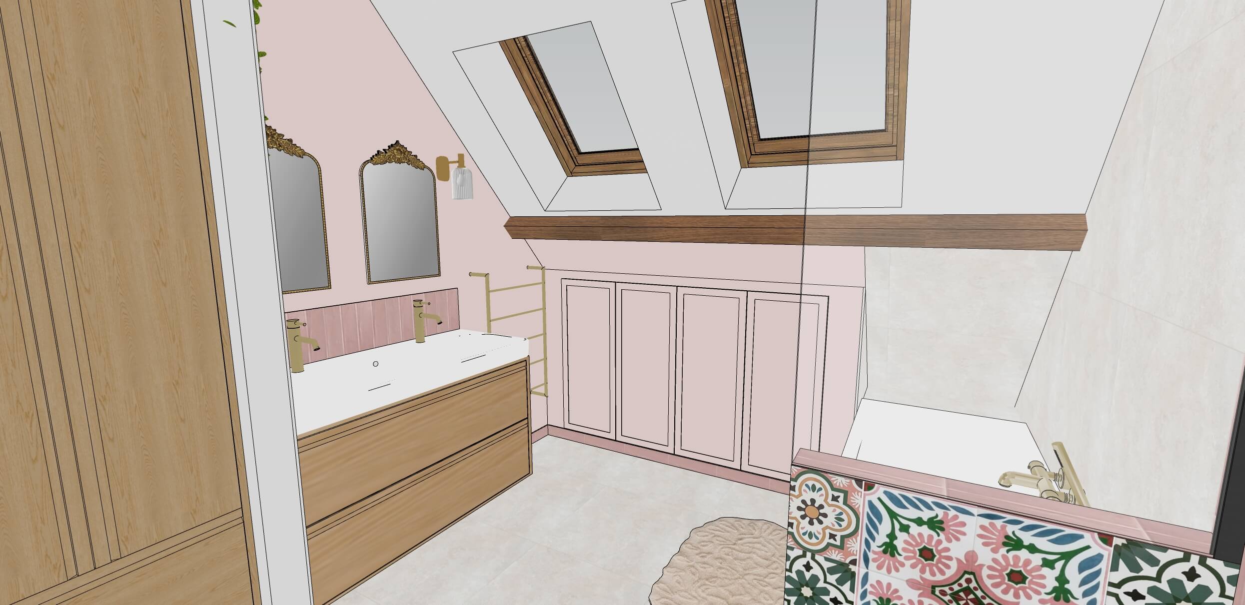 Rénovation d'une maison familiale à Villeconin, en Essonne, salle de bain bohème, zelliges roses, meubles bois, rangements sous pente